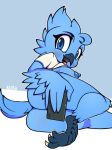  2019 anthro avian bird blue_eyes blue_feathers blue_hair bottomless breasts butt cellphone censored clothed clothing digital_media_(artwork) feathers female hair k4170h looking_at_viewer meme mostly_nude nipples open_mouth phone shirt side_boob simple_background smile solo tweetfur twitter white_background wings 