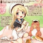  :d animal blonde_hair blue_eyes blue_sailor_collar bread colored_pencil_(medium) commentary_request dated dress food hamster hat holding holding_food jervis_(kantai_collection) kantai_collection kirisawa_juuzou long_hair non-human_admiral_(kantai_collection) numbered open_mouth sailor_collar sailor_dress short_sleeves smile traditional_media translation_request twitter_username white_hat 
