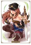  artist_name black_hat blue_eyes blue_skirt boots braid breasts brown_footwear brown_hair card_(medium) character_name cleavage collarbone crack cracked_floor floating_hair full_body granblue_fantasy hair_between_eyes hat highres holding holding_sheath holding_sword holding_weapon lecia_(granblue_fantasy) left-handed long_hair looking_at_viewer mamedenkyuu_(berun) medium_breasts midriff miniskirt navel one_knee open_mouth page_number pants planted_sword planted_weapon pleated_skirt red_pants reverse_grip scabbard sheath shiny shiny_skin skirt solo stomach sword thigh_boots thighhighs unsheathed very_long_hair weapon 
