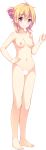  barefoot blonde_hair blush breasts censored collarbone eyebrows_visible_through_hair forearm_at_chest full_body fuyuichi_monme hair_bun hand_on_hip highres kari_gurashi_ren'ai looking_at_viewer medium_breasts navel nipples non-web_source nude official_art purple_eyes short_hair smile solo standing transparent_background 