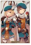  1girl ;d apple artist_name ayuto belt black_pants blue_hat brown_eyes brown_hair card_(medium) character_name cowboy_shot djeeta_(granblue_fantasy) eyebrows_visible_through_hair food fruit gran_(granblue_fantasy) granblue_fantasy grey_background grey_feathers grey_skirt grin gun hair_between_eyes hat hat_feather hawkeye_(granblue_fantasy) highres holding holding_food holding_fruit holding_gun holding_weapon looking_at_viewer miniskirt one_eye_closed open_mouth page_number pants pleated_skirt rifle short_hair skirt smile sparkle standing weapon 
