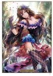  artist_name black_gloves black_legwear breasts brown_eyes brown_hair card_(medium) character_name cleavage collarbone day dress floating_hair flower forest garter_straps gloves granblue_fantasy hair_between_eyes hair_flower hair_ornament head_tilt highres large_breasts long_hair looking_at_viewer mikurou_(nayuta) nature outdoors page_number parted_lips petals purple_flower rosetta_(granblue_fantasy) smile solo standing sunlight thighhighs very_long_hair 