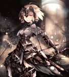  armor armored_dress brown_hair commentary_request dress fate/grand_order fate_(series) headpiece highres jeanne_d'arc_(alter)_(fate) jeanne_d'arc_(fate)_(all) looking_at_viewer short_hair solo sword venomrobo weapon white_hair 