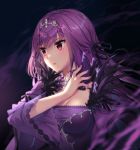  artist_name bangs black_feathers black_ribbon breasts cleavage collar dress fate/grand_order fate_(series) feather_trim feathers hair_ornament hair_ribbon light_blush long_hair long_sleeves looking_afar medium_breasts nail_polish pink_nails purple_dress purple_hair red_eyes ribbon rosuuri runes scathach_(fate)_(all) scathach_skadi_(fate/grand_order) upper_body wide_sleeves 