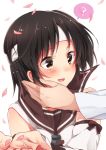  ? black_hair blush brown_hair brown_ribbon brown_sailor_collar cherry_blossoms commentary detached_sleeves ears_visible_through_hair eyebrows_visible_through_hair hand_on_another's_cheek hand_on_another's_face headband highres kantai_collection long_sleeves nagara_(kantai_collection) open_mouth petals ribbon sailor_collar school_uniform serafuku short_hair sk02 sleeveless smile spoken_question_mark upper_body white_background white_headband 