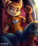  anthro aviator_cap big_bulge brown_fur bulge clothed clothing footwear fur gloves green_eyes hat inside legwear lombax looking_at_viewer male mammal nurinaki ratchet ratchet_and_clank sitting smile solo spreading stripes video_games yellow_fur 