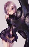  armor armored_dress bare_shoulders collar cowboy_shot elbow_gloves eyebrows_visible_through_hair fate/grand_order fate_(series) feet_out_of_frame gloves hair_over_one_eye highres holding holding_shield hozumi_rino lavender_hair leotard looking_at_viewer mash_kyrielight navel_cutout parted_lips purple_eyes purple_leotard shield short_hair simple_background solo 