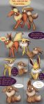  3_toes :s all_fours allbadbadgers anthro blush brown_nose butt canine chest_tuft comic confusion dialogue dipstick_tail ear_piercing ears_back eevee eeveelution eye_contact eyelashes feral flareon fluffy fluffy_ears fluffy_tail fur jolteon long_ears looking_back lying mammal multicolored_tail nintendo on_back one_ear_down one_leg_up open_mouth orange_fur piercing pok&eacute;mon pok&eacute;mon_(species) purple_eyes shy tan_fur toes tuft video_games white_fur wide_eyed yellow_fur 
