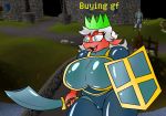  anthro armor big_breasts blue_eyes breast_plate breastplate breasts claws clothing crown cuteenglish_text helmet lizard melee_weapon nails nipples open_mouth red_knight_(sirphilliam) reptile runescape scalie scimitar shield solo sword text thong turismoturbo weapon 