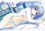  ame_(d.s._-dal_segno) bangs bed bedroom blue_eyes blue_hair blurry blurry_background book bookshelf bow bow_panties breasts chair character_request closed_mouth crotch_seam d.s._-dal_segno- depth_of_field desk dress_shirt dutch_angle flower frilled_panties frills green_panties hair_flower hair_ornament highres lens_flare long_hair long_sleeves looking_at_viewer lying medium_breasts navel no_pants on_bed on_side open_clothes open_shirt panties pillow polka_dot polka_dot_panties shirt smile solo takano_yuki_(allegro_mistic) thighhighs translation_request underwear white_legwear white_shirt 