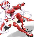  ahoge artist_name bare_shoulders boots breasts cleavage covered_navel dual_wielding elbow_gloves full_body gloves grin gun headgear highres hikkub holding large_breasts leotard long_hair low_twintails platform_boots purple_eyes purple_hair red_gloves senki_zesshou_symphogear smile solo thigh_boots thighhighs twintails very_long_hair weapon white_background yukine_chris 