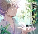  blue_eyes brown_hair grey_hair hair_between_eyes hishi_(k-xaby) lavender_eyes male_focus original plant rain short_hair solo water_drop watermark web_address wet wet_hair window wristband 