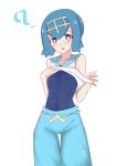  1girl ? absurdres bare_shoulders blue_eyes blue_hair blue_pants blush breasts capri_pants collarbone female hair_ornament hairband hands_up highres ko_to_tsuki lifted_by_self looking_at_viewer matching_hair/eyes open_mouth pants pokemon pokemon_sm shirt shirt_lift short_hair simple_background sleeveless sleeveless_shirt small_breasts solo standing suiren_(pokemon) swimsuit_under_clothes white_background white_shirt 