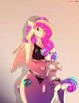  2018 anthro big_breasts bra breasts butt cleavage clothed clothing cutie_mark digital_drawing_(artwork) digital_media_(artwork) dragk duo equine feathered_wings feathers female flurry_heart_(mlp) friendship_is_magic fur hair horn horse long_hair looking_at_viewer mammal mature_female multicolored_hair my_little_pony pony princess_cadance_(mlp) shiny simple_background smile sportswear standing thick_thighs two_tone_hair underwear unicorn wide_hips winged_unicorn wings young 