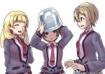  3girls 581_(gohai) andou_kuriyo blonde_hair breasts brown_eyes brown_hair eyes_closed green_eyes itaba_yumi large_breasts multiple_girls school_uniform senki_zesshou_symphogear simple_background small_breasts terashima_shiori twintails white_background 