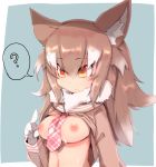  :&lt; ? animal_ears between_breasts breasts brown_hair eyebrows_visible_through_hair fur_collar hair_between_eyes highres japanese_wolf_(kemono_friends) kemono_friends long_hair medium_breasts multicolored_hair necktie necktie_between_breasts nipples orange_eyes sailor_collar shirt_lift simple_background solo spoken_question_mark teranekosu upper_body white_hair wolf_ears wolf_girl 