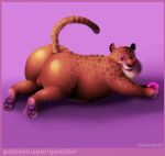  anthro balls benjamin_clawhauser butt cheetah disney doughnut feline food gamibri hi_res male mammal nude obese overweight paws perineum raised_tail smile zootopia 