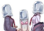  3girls 581_(gohai) andou_kuriyo bottomless bra breasts brown_hair groin itaba_yumi large_breasts multiple_girls navel no_panties petrification pink_bra school_uniform senki_zesshou_symphogear simple_background small_breasts terashima_shiori underwear white_background 