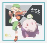  :d bag bel_(pokemon) blonde_hair bow brown_footwear clenched_hand copyright_name gen_5_pokemon glasses green_eyes green_hat green_pants handbag hat hat_bow highres holding holding_poke_ball jacket looking_at_viewer md5_mismatch musharna nomura_(buroriidesu) open_mouth orange_jacket pants pink-framed_eyewear pink_eyes poke_ball poke_ball_(generic) poke_ball_symbol pokemon pokemon_(creature) pokemon_(game) pokemon_bw2 short_hair simple_background smile solosis standing standing_on_one_leg 