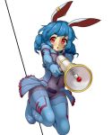  adapted_costume animal_ears blue_bodysuit blue_hair bodysuit bunny_ears commentary_request daajirin.koucha ear_clip eyebrows_visible_through_hair frills gun holding holding_gun holding_weapon looking_at_viewer lunatic_gun navel open_mouth red_eyes seiran_(touhou) solo squatting tareme touhou triangle_mouth twintails weapon white_background 