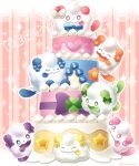  :d cake closed_eyes closed_mouth commentary_request food food_on_face green_eyes highres looking_at_viewer no_humans outline pink_eyes pokemon pokemon_(creature) purple_eyes sasabunecafe smile sparkle swirlix tongue tongue_out 