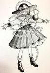 adapted_costume belt boots capelet flower full_body greyscale hair_between_eyes hat hat_flower highres jewelry komeiji_koishi long_sleeves looking_at_viewer mashimashi monochrome outstretched_arms parted_lips ring rose scan shirt skirt solo standing third_eye thorns touhou traditional_media 