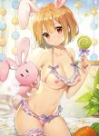  animal_ears arm_behind_back ayamy bangs bed_sheet blonde_hair blunt_bangs blush bow bow_panties bra breasts bunny_ears bunny_tail candy collarbone cowboy_shot cupless_bra curtains daisy day dengeki_moeou eyebrows eyebrows_visible_through_hair fingernails flower food frilled_panties frills highres holding holding_stuffed_animal indoors leg_garter legs_together lollipop looking_at_viewer medium_breasts nipples non-web_source original panties petals pink_bow pink_panties plant pom_pom_(clothes) purple_ribbon red_eyes revealing_clothes ribbon solo standing stuffed_animal stuffed_bunny stuffed_toy tail underwear white_flower 