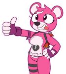  2018 alpha_channel backpack bitting_tongue breasts cuddle_team_leader felino female fortnite fur hand_on_hip hi_res mammal pink_fur purple_eyes simple_background solo standing teeth thumbs_up tongue transparent_background ursine 