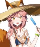  :d animal_ears bikini_top blue_bikini_top bracelet breasts collarbone commentary_request ears_through_headwear eyebrows_visible_through_hair fang fate/grand_order fate_(series) food fox_ears fox_print fox_tail hand_up hat highres holding holding_food jewelry large_breasts looking_at_viewer open_mouth pink_hair popsicle see-through shibainu shirt side_ponytail simple_background smile solo straw_hat sun_hat sweat t-shirt tail tamamo_(fate)_(all) tamamo_no_mae_(swimsuit_lancer)_(fate) thick_eyebrows tsurime upper_body white_background yellow_eyes 
