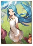  absurdly_long_hair ahoge animal arms_behind_back artist_name black_legwear blue_eyes blue_hair blush card_(medium) character_name closed_eyes collarbone day dress floating_hair granblue_fantasy grass hanarito highres light_smile long_hair looking_at_viewer lyria_(granblue_fantasy) multiple_girls no_panties open_mouth outdoors page_number pink_dress pleated_dress see-through_silhouette shiny shiny_hair short_dress sleeveless sleeveless_dress smile sparkle standing strapless strapless_dress thighhighs thighlet vee_(granblue_fantasy) very_long_hair white_dress 