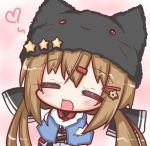  :3 :d =_= animal_hat blush brown_hair capelet cat_hat chibi commentary_request hair_ornament hairclip hat heart kantai_collection komakoma_(magicaltale) long_hair open_mouth pink_background smile solo star_hat_ornament tashkent_(kantai_collection) twintails 