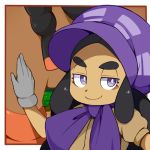  black_hair bonnet border bright_pupils closed_mouth cu-sith dark_skin gen_7_pokemon gloves grass half-closed_eyes hand_up hapu'u_(pokemon) long_hair looking_at_viewer mudsdale outdoors outside_border petting pokemon pokemon_(creature) pokemon_(game) pokemon_sm purple_eyes short_sleeves smile solo_focus thick_eyebrows upper_body white_border white_gloves white_pupils 