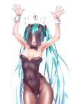  animal_ears aqua_hair arms_up ass_visible_through_thighs black_leotard black_neckwear bow bowtie breasts brown_legwear bunny_ears bunnysuit cameltoe covering_eyes cowboy_shot detached_collar failure fake_animal_ears hatsune_miku leotard long_hair medium_breasts open_mouth pantyhose simple_background smile solo standing strapless strapless_leotard thigh_gap twintails very_long_hair vocaloid white_background wokada wrist_cuffs 
