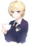  bangs black_neckwear blonde_hair blue_eyes blue_sweater braid closed_mouth commentary cropped_torso cup darjeeling dress_shirt emblem eyebrows_visible_through_hair girls_und_panzer highres holding holding_cup kiyomasa_(dangan) long_sleeves looking_at_viewer necktie school_uniform shirt short_hair simple_background sketch smile solo st._gloriana's_school_uniform sweater teacup tied_hair twin_braids upper_body v-neck white_background white_shirt wing_collar 