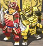  2014 anthro armor clothing duo felid footwear helmet honda_tadakatsu humanoid_hands lion male mammal melee_weapon misterdonn pantherine pants red_eyes sandals sengoku_puzzle slightly_chubby sword tachibana_muneshige ursid weapon 