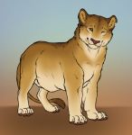  brown_fur cat feline female feral fur green_eyes lion mammal notched_ear one_eye_closed simple_background smile solo standing wink yaroul 