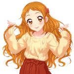  :p aikatsu! aikatsu!_(series) alternate_hairstyle aran_sweater arisugawa_otome big_hair blush bow braid commentary_request hair_bow hair_down hands_up head_tilt high-waist_skirt highres long_hair long_sleeves orange_eyes red_bow red_skirt sekina simple_background skirt smile solo sweater tongue tongue_out white_background 