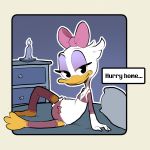  2018 3_toes 4_fingers anthro avian beak bedroom bedroom_eyes bird bow bra breasts candle clothing daisy_duck digital_media_(artwork) disney dot_eyes duck english_text eyelashes feathers female half-closed_eyes itsunknownanon lingerie looking_at_viewer lying on_side panties pose seductive small_breasts smile text toes underwear white_feathers 