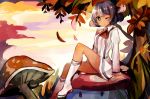  1girl arm_support autumn_leaves boots crablettes looking_at_viewer mushroom pokemon sina_(pokemon) sitting vileplume wink 