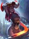  apron artist_name braid breasts cleavage dated deviantart_sample fire genderswap genderswap_(mtf) georgy_stacker gloves hammer highres horns image_sample league_of_legends long_hair open_mouth ornn pink_hair purple_skin red_sclera snowing solo sword weapon yellow_eyes 