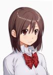  bow bowtie brown_eyes brown_hair closed_mouth collared_shirt commentary_request eyebrows_visible_through_hair eyes_visible_through_hair grey_background kawai_makoto original plaid red_neckwear shirt short_hair simple_background solo upper_body wing_collar 