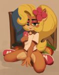  2018 4_fingers anthro bandicoot bedroom_eyes blonde_hair bottomless breasts brown_fur cellphone censored clothed clothing coco_bandicoot crash_bandicoot_(series) creative_censorship digital_media_(artwork) female flower fridge_(artist) fur green_eyes hair half-closed_eyes lipstick long_hair looking_at_viewer makeup mammal marsupial phone plant pose seductive selfie shirt sitting small_breasts smile solo spread_legs spreading t-shirt teasing video_games 