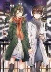  2girls batabata0015 cityscape coat cup dress earmuffs highres interlocked_fingers kaga_(kantai_collection) kantai_collection long_hair multiple_girls pantyhose ribbon scarf side_ponytail smile snow steam thighhighs twintails winter winter_clothes winter_coat zuikaku_(kantai_collection) 