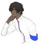  arjuna_(fate/grand_order) black_eyes black_hair closed_mouth commentary_request dark_skin dark_skinned_male fate/grand_order fate_(series) jacket kanapy long_sleeves looking_at_viewer male_focus simple_background solo upper_body white_background white_jacket 