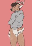  2019 anthro anthrofied antlers big_butt blue_eyes blush bottomless brown_fur brown_hair brown_nose bunjamoon_(artist) butt cervid cervine clothed clothing crossed_arms digital_media_(artwork) eyebrows fur grey_hoodie grin hair heterochromia hoodie horn inner_ear_fluff inre_frid looking_at_viewer looking_back male mammal multicolored_fur pants partially_clothed penis portrait precum purple_eyes rear_view short_tail simple_background smile solo spots spotted_fur standing tan_fur thick_thighs two_tone_fur wide_hips 