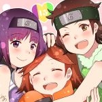  bare_shoulders blush boruto:_naruto_next_generations braid brown_hair closed_eyes commentary_request green_eyes highres izuno_wasabi kakei_sumire konohagakure_symbol long_hair looking_at_viewer mizuno_12 mole mole_under_eye multiple_girls naruto naruto_(series) open_mouth purple_eyes purple_hair short_hair smile suzumeno_namida twin_braids twintails very_long_hair 