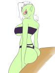  2018 alien bikini breasts butt cleavage clothed clothing eyeshadow female freckles green_skin grin hair looking_back lord_dominator makeup minoss mohawk not_furry pose presenting presenting_hindquarters rear_view red_sclera simple_background sitting smile solo swimsuit teasing teeth under_boob wander_over_yonder white_hair 