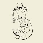  2018 4_fingers anthro avian bird bow cellphone digital_media_(artwork) disney donald_duck dot_eyes duck hat itsunknownanon male monochrome open_mouth phone sailor_uniform solo surprise sweat 