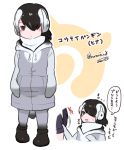  alternate_costume alternate_hairstyle black_hair blush child commentary_request emperor_penguin_(kemono_friends) eyebrows_visible_through_hair flying_sweatdrops hair_over_one_eye headphones hood hoodie kemono_friends multicolored_hair multiple_girls oversized_clothes royal_penguin_(kemono_friends) scarf seto_(harunadragon) signature sweatdrop translated white_hair younger 
