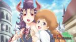  2girls afro alternate_hairstyle anne_(shingeki_no_bahamut) blue_eyes brown_hair dragon_wings end_card facial_scar favaro_leone grea_(shingeki_no_bahamut) hair_ornament hairclip highres horns kaisar_lidfald manaria_friends multiple_girls onda_naoyuki purple_hair red_eyes scar school_uniform screencap shingeki_no_bahamut slit_pupils wings 